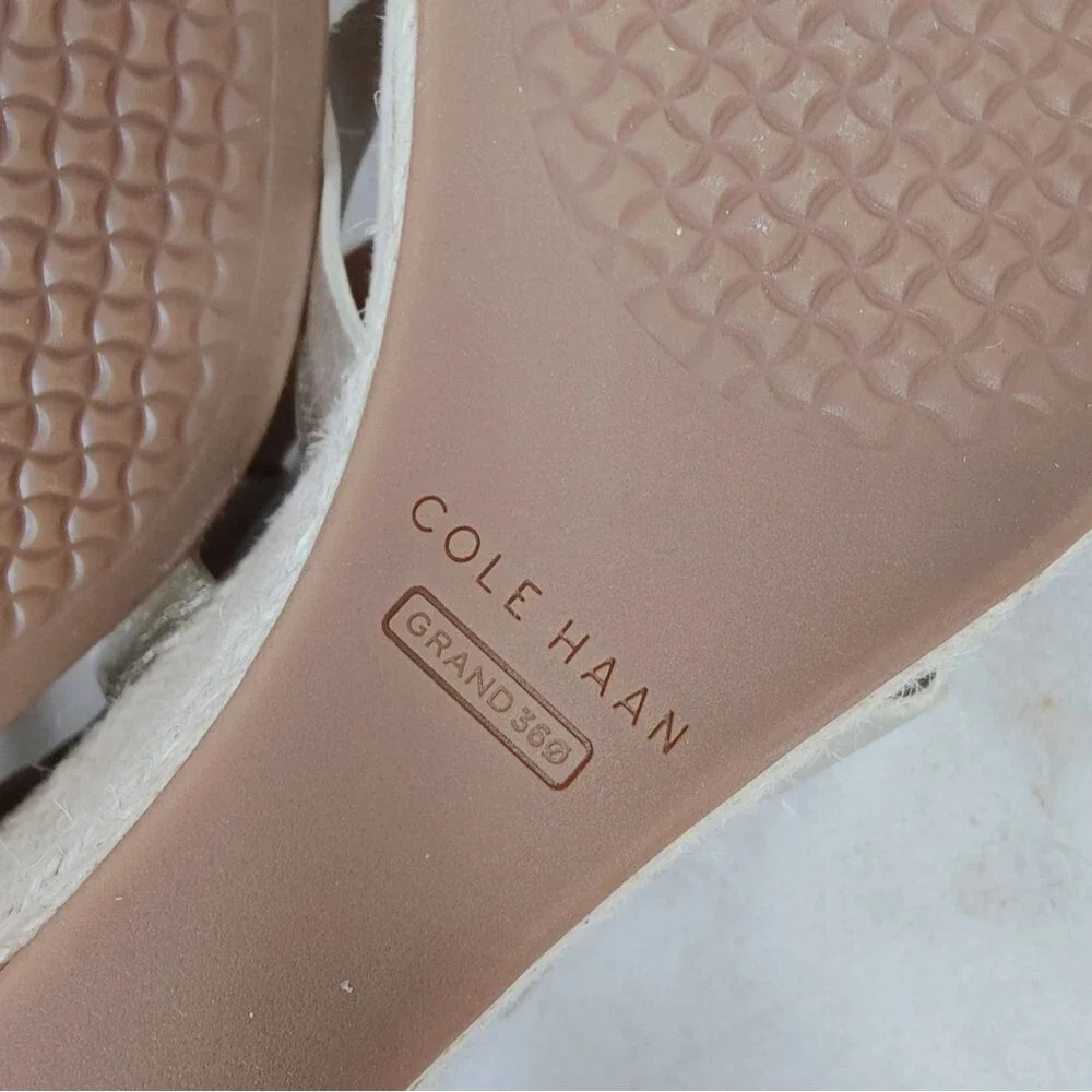 Cole Haan Crystal Wedge Metallic White Gold Leather Espadrille Sandals, Sz 10.5
